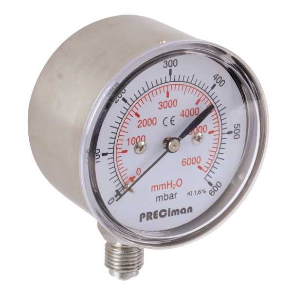 Manomètre inox vertical D63 0/25mbar G1/4'